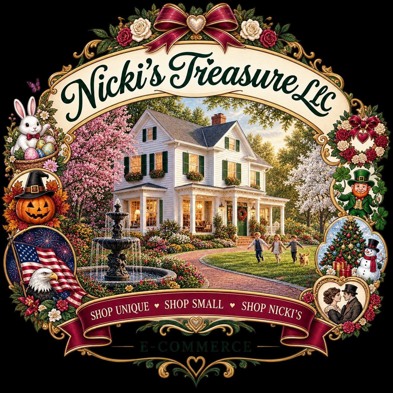 Nicki's Treasure LLC illustrated logo with a farmhouse and seasonal decorations
